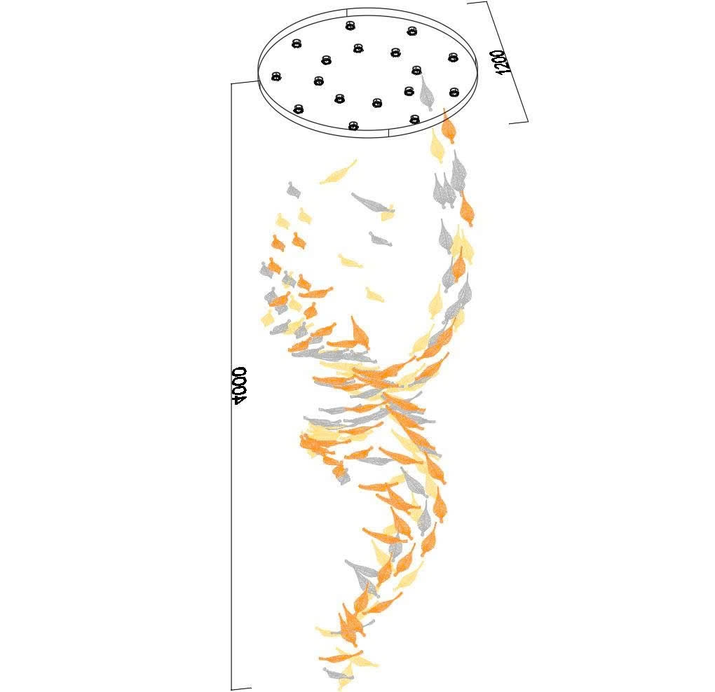 Đèn thông tầng dimmer lá lông vũ cao cấp PL045 gồm mâm inox tròn gương trắng, 17 đèn dimmer D40, 150 lá lông vũ trắng lẫn và lá hổ phách, KT(mm): D1200 x H4000